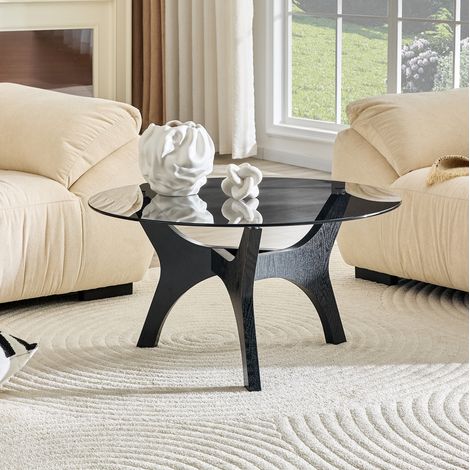 Mesa de centro redonda 80x80x42,2 cm de vidrio y MDF negro, estable - MEUBLIV (1/5)