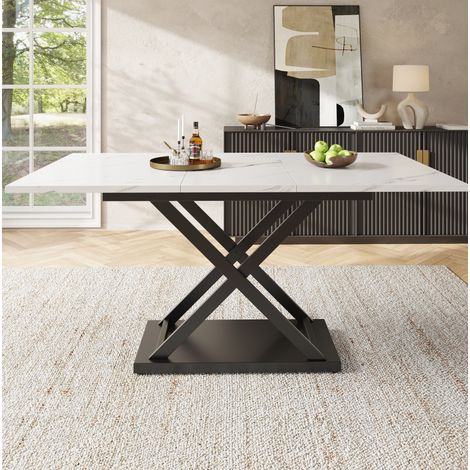 Mesa extensible 120-160 x 80 cm, efecto mármol blanco, patas cruzadas negras DESVIAE (1/5)