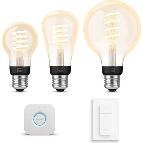 Philips Hue Kit de démarrage E27 avec 3 Ampoules à filament Mix Lumière blanche chaude à froide - Comprend 1 Bridge, 1 Variateur de lumière - White Ambiance (1/5)