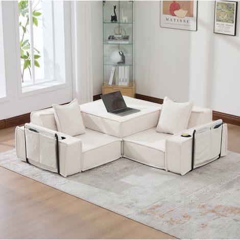 Canapé 2 places en velours côtelé beige 162x78x66 cm avec 2 coussins et poches de rangement (1/5)