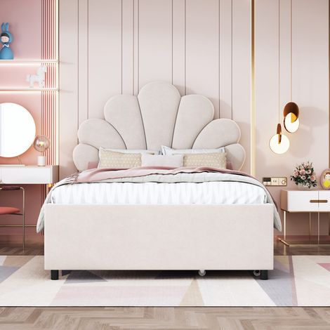 Lit enfant 90x200 cm beige en velours, tête de lit fleur rembourrée, 2 tiroirs de rangement, sommier 12 lattes inclus, sans matelas (1/5)