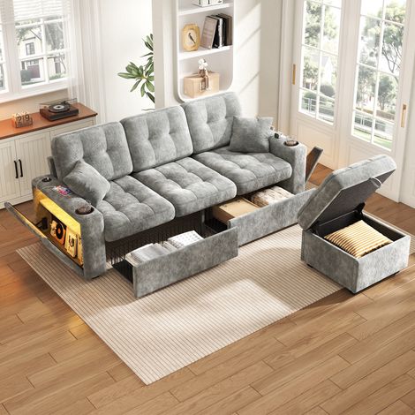 Canapé multifonction en chenille avec USB-C, LED, porte-gobelets, rangements latéraux, 2 tiroirs roulants et pouf coffre -Gris (1/5)
