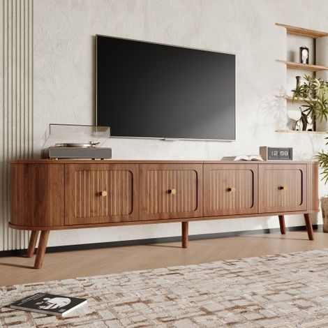 Meuble TV moderne avec 4 portes rabattables - Panneaux de particules + MDF - Pieds en bois - 180 x 38 x 47 cm - Noyer (1/5)