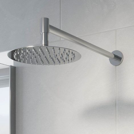 Bathroom Wall Mounted Slimline Chrome Round Drencher Fixed Shower Arm Head (1/4)