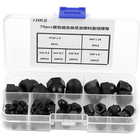 70pcs M3/M4/M5/M6/M8/M10 Nylon Acorn Nut Kit Dome Head Cap Hex Nuts (Black)