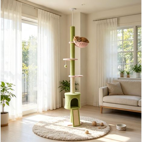 Árbol rascador para gatos de suelo a techo, ajustable 220-240 cm, 5 niveles, verde (1/5)