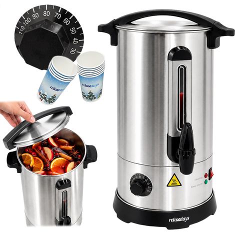 Relaxdays Dispensador de vino caliente, 7l, 30–110 °C, con grifo, termostato, indicador nivel, acero inoxidable plateado (1/5)