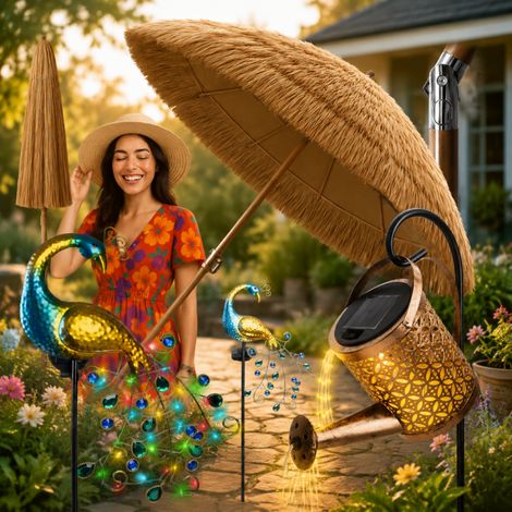 Solar-Gartenlampen-Set (3-teilig) – Gießkannenlampe, Pfauen-Solarlampe und hawaiianischer Gartenschirm (1/5)