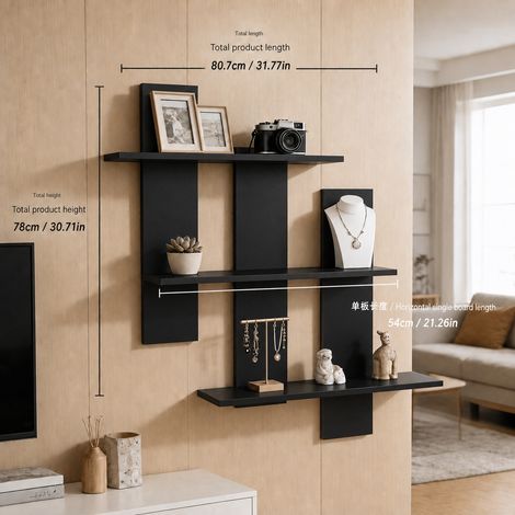 Étagère murale noire à 3 niveaux sans perçage, grande taille, rangement vertical pratique pour salon, chambre, cuisine et bureau (1/5)