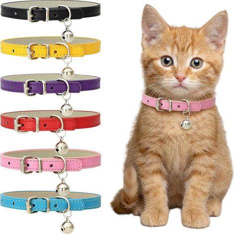 6 Pièces Collier pour Chat en Cuir, Collier Chaton, Collier de Chats en Cuir, Collier pour Chaton avec Grelots, Collier Chiot Reglable, Collier Réglable pour Chats avec Clochette (1/5)