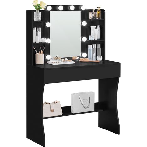 Yaheetech Toeletta Trucco, Postazione Trucco con Specchio e 10 Luci LED a Luminosità Regolabile, Tavolo da Toeletta Salvaspazio con 1 Cassetto Grande e 4 Ripiani, Moderno, 90x40x135,5cm (Nero)