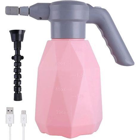 Pulvérisateur électrique 2 L, buse réglable, 3 vitesses, brumisation/pulvérisation directe, convient aux fleurs, fertilisation et nettoyage (rose) (1/5)