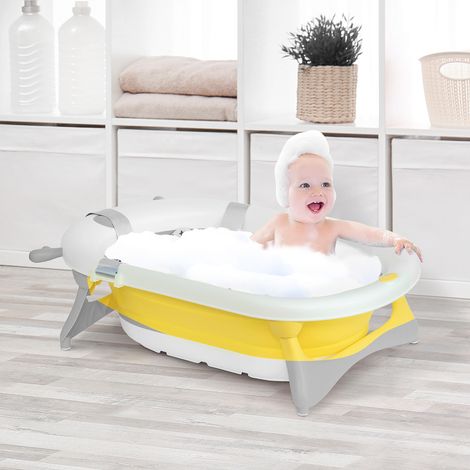 Baignoire Pliable pour Enfants 0-3 Ans avec Indicateur de Température et Coussin, 81.5x50.5x23.5 cm, Jaune (1/5)