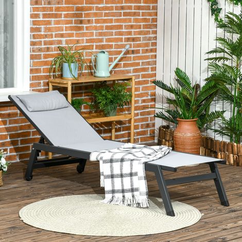 Bain de soleil en transat aluminium et textilène avec roulettes et repose-tête dossier inclinable gris clair