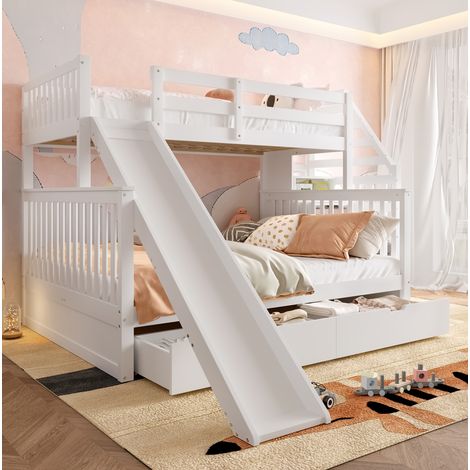 Cama litera multifuncional de pino blanco antiguo 90x200 / 140x200 cm con tobogán, cajones y almacenaje (1/5)