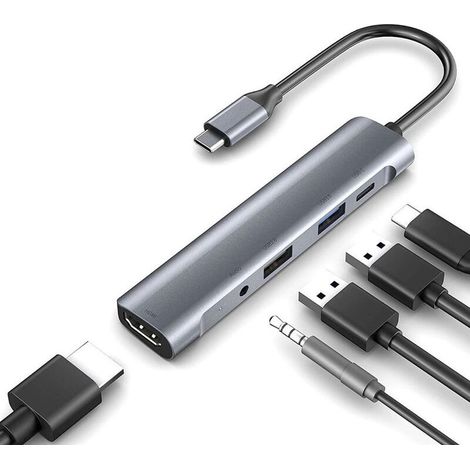 Adattatore USB-C per MacBook Air, hub multiporta USB-C 5 in 1 con HDMI 4K, microfono per cuffie in linea da 3,5 mm, PD da 100 W, adattatore USB-C per MacBook Air/Pro M1, iPad Pro M1, Chromecast, Windo (1/5)