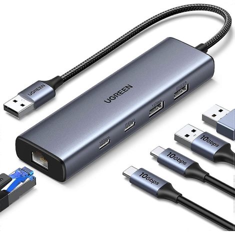 Adaptateur USB vers Ethernet, hub USB 5 en 1 avec Ethernet, 2 ports USB-C 3.2 (10 Gbit/s) + 1 port USB-A 3.2 / 1 port USB-A 2.0 / Gigabit RJ45. (1/5)