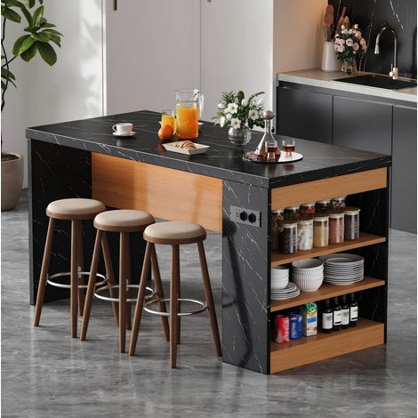 Isla de cocina 155x80x90 cm con LED, enchufe 2xAC + 2xUSB, tablero 40 mm, MDF, negro y natural (1/5)