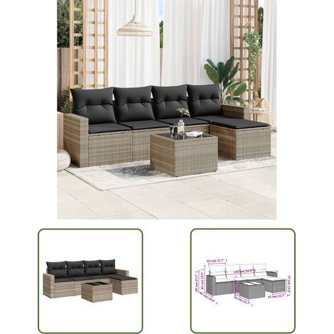The Living Store Salon de jardin 6 pcs avec coussins gris clair résine tressée - Salon De Jardin - Meuble De Jardin - Set Salon - Canapé D'extérieur - Table Basse Extérieure