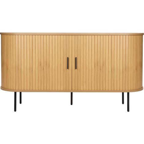 Buffet Bas Scandinave en Mélaminé Coloris Chêne et Métal Noir avec Portes Coulissantes à Lattes - PANGIVO (1/5)