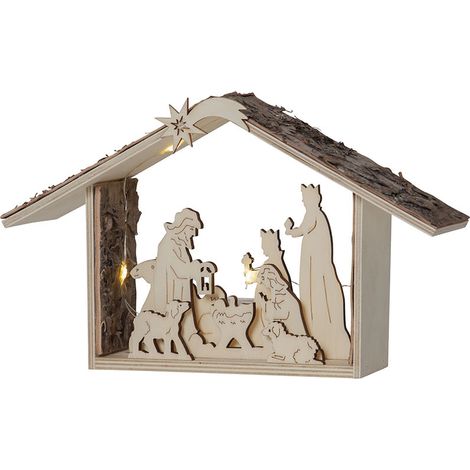 Crèche de Noël à LED Star Trading « Yuletide », lumière de Noël, piles + minuteur, naturel, L 26,5 cm, H 16,5 cm