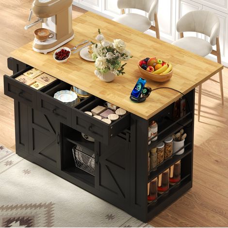 Îlot de cuisine mobile 130x50(80)x87 cm avec plateau rabattable, prises AC+USB, rangements MDF naturel - noir (1/5)