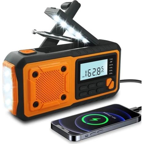 Filiyano-Nouvelle radio d'urgence portable, alimentée par batterie externe solaire 4000 mAh, radio AM/FM/WB/NOAA avec alarme et fonction météo. (1/4)