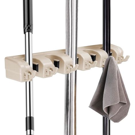 Stück (Beige) Multifunktionaler Wandbesenhalter, Wandorganizer für Mopp und Besen mit 5 Ballschlitzen und 6 Haken (1/4)