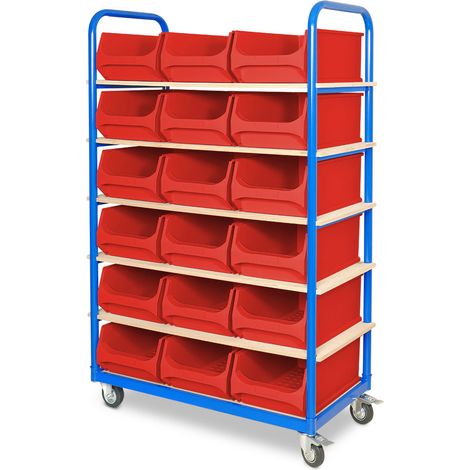 BRB Etagenwagen mit 6 Ebenen, BxTxH 1050x500x1690 mm, bestückt mit 18 Sichtkästen LB2 21,8 Liter, 2 Lenk-/2 Bockrollen (rot)