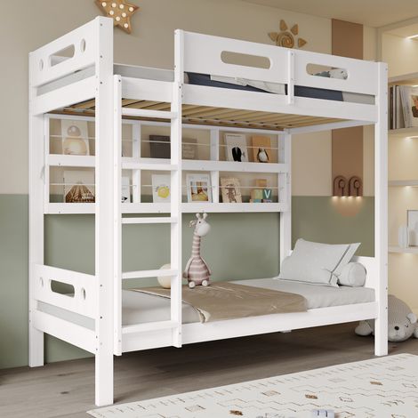 Lit Superposé Enfant 90x200 cm avec Barrière Anti-Chute, Étagères de Rangement Ouvertes, Échelle 5 Marches - Bois Pin + MDF - Blanc