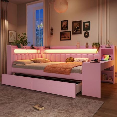 Lit enfant 140x200, bureau intégré lit combine enfant, 2 tiroirs rangement, LED intégrée, ports USB, design rembourré rose (1/5)