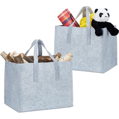 2x Kaminholzkorb aus Filz, 2 Griffe, zum Tragen, faltbar, belastbar, flexibel, Filzkorb, HxBxT: 35 x 43 x 37 cm, grau