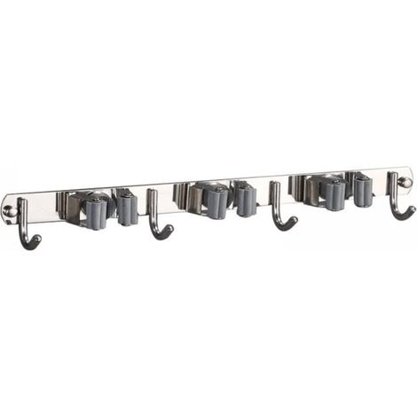 Wandmontierter Besen- und Mopphalter aus Edelstahl 304 mit 3 Halterungen und 4 Haken (1/3)