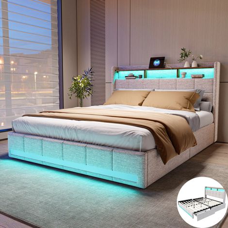 Lit 140 x 200 avec sommier,lit 140,Lit 140x200,cadre de lit,Lit double 140x200,LED,rangement,USB,4 tiroirs,rembourré,Lin,Beige (1/5)