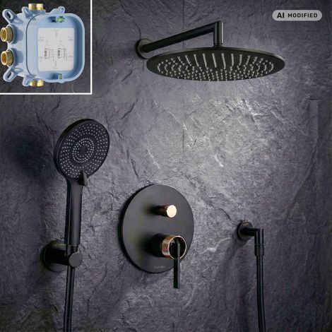 Système de douche encastré PaulGurkes en noir mat et or rose (1/5)