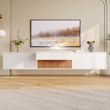 Meuble TV 180x34x30 cm blanc en panneau de particules avec plateau escamotable et montage mural ou au sol (1/5)