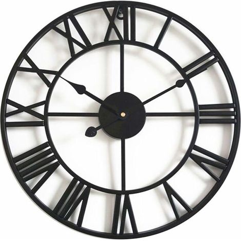 Grande horloge murale rétro en fer - Ronde - Silencieuse - Fonctionne avec piles - Chiffres romains - Style vintage - Pour décoration de salon - Noir （40 Cm）