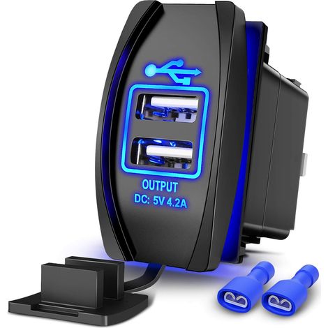 Double USB 4.2A Rocker Switch Style 12V/24V Fast Socket imperméable rapide pour voitures bateaux camions RVs, 2 ans de garantie, bleu