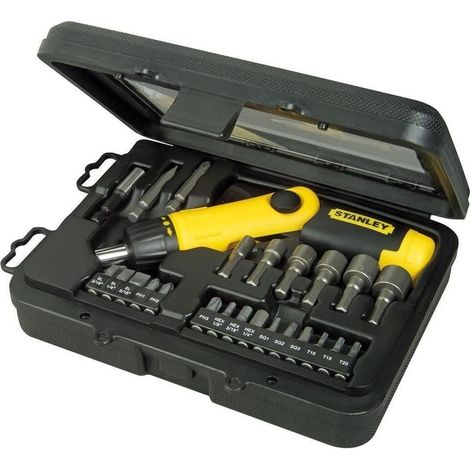 Stanley – Tournevis à cliquet articulé 24 embouts – Pour agrafes type G 6-14mm et clous J 12-15mm – Puissance de frappe réglable – Système anti-bourrage
