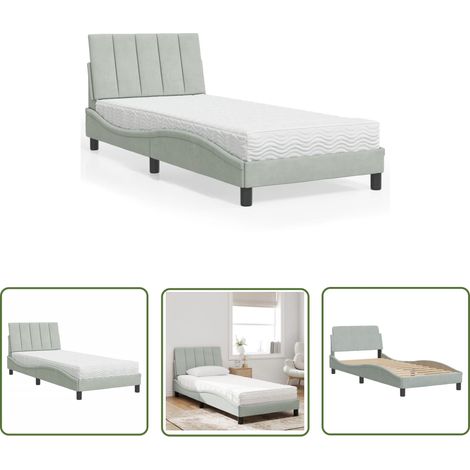 The Living Store Lit avec matelas gris clair 90x190 cm velours - Lit Double - Lit Capitonné - Lit Design - Lit Velours - Literie (1/5)