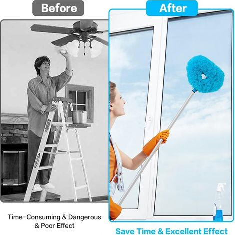 Brosse de nettoyage réutilisable en microfibre bleue pour ventilateur de plafond (tige de jonction de 1,4 m de long avec rallonge réglable, détachable, convient au nettoyage des murs et des étagères) (1/2)