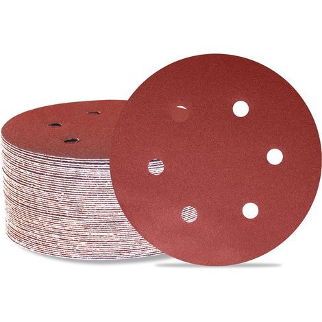 Lot de 50 disques de ponçage 150 mm 6 trous Grain 120 Papier abrasif Orbital aléatoire pour travail du bois, automobile, métal (1/5)