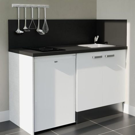 Kitchenette K17L-PT - 140 cm avec plan de travail et évier - Façade Blanc - Plan Noir - Evier Inox - Crédences Oui