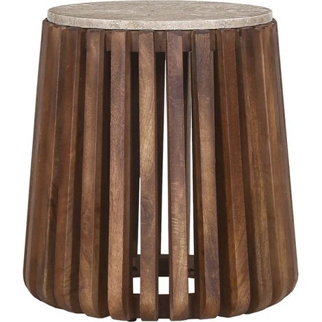 LUUK - Table d'appoint en travertin et bois de manguier 40 cm (1/4)