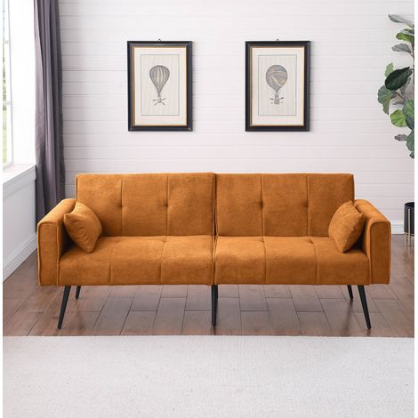 Canapé convertible de tela naranja, sofá cama tipo futón plegable con patas metálicas (1/5)