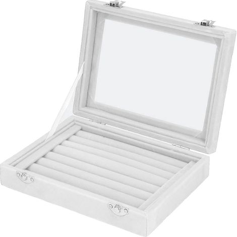 Boîte à bijoux 7 emplacements en velours blanc, idéale pour ranger boucles d'oreilles et bracelets. (1/5)