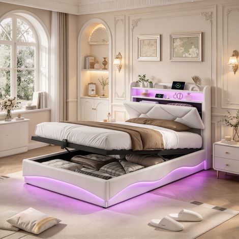 Lit double rembourré 90x200 avec éclairage LED -Rangement hydraulique -Avec USB Type-C-Sommier à lattes --Tête de lit avec rangement-Velours-Beige (1/5)