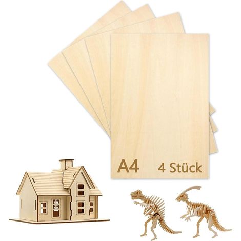 Lot de 4 plaques de contreplaqué 3 mm A4 30 x 21 cm - Plaque en bois pour bricolage - Panneau de particules fin - En tilleul - Pour le travail du bois, le travail du laser, la pyrogravure, le (1/5)