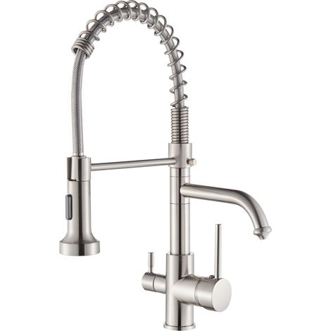 Robinets de cuisine 3 voies robinet de cuisine avec douchette amovible mélangeur d'eau potable en laiton avec filtre à eau eau bouche rotative à 360 °,Pull-down,Nickel Brossé (1/5)
