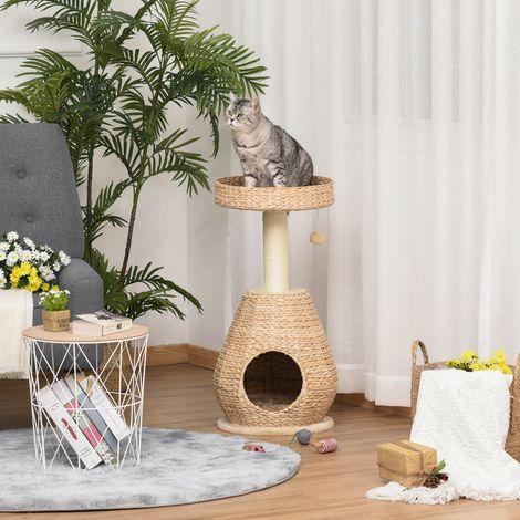 Arbre à chat PawHut avec griffoir et jouet balle en sisal doux, hauteur 82,5 cm, jaune